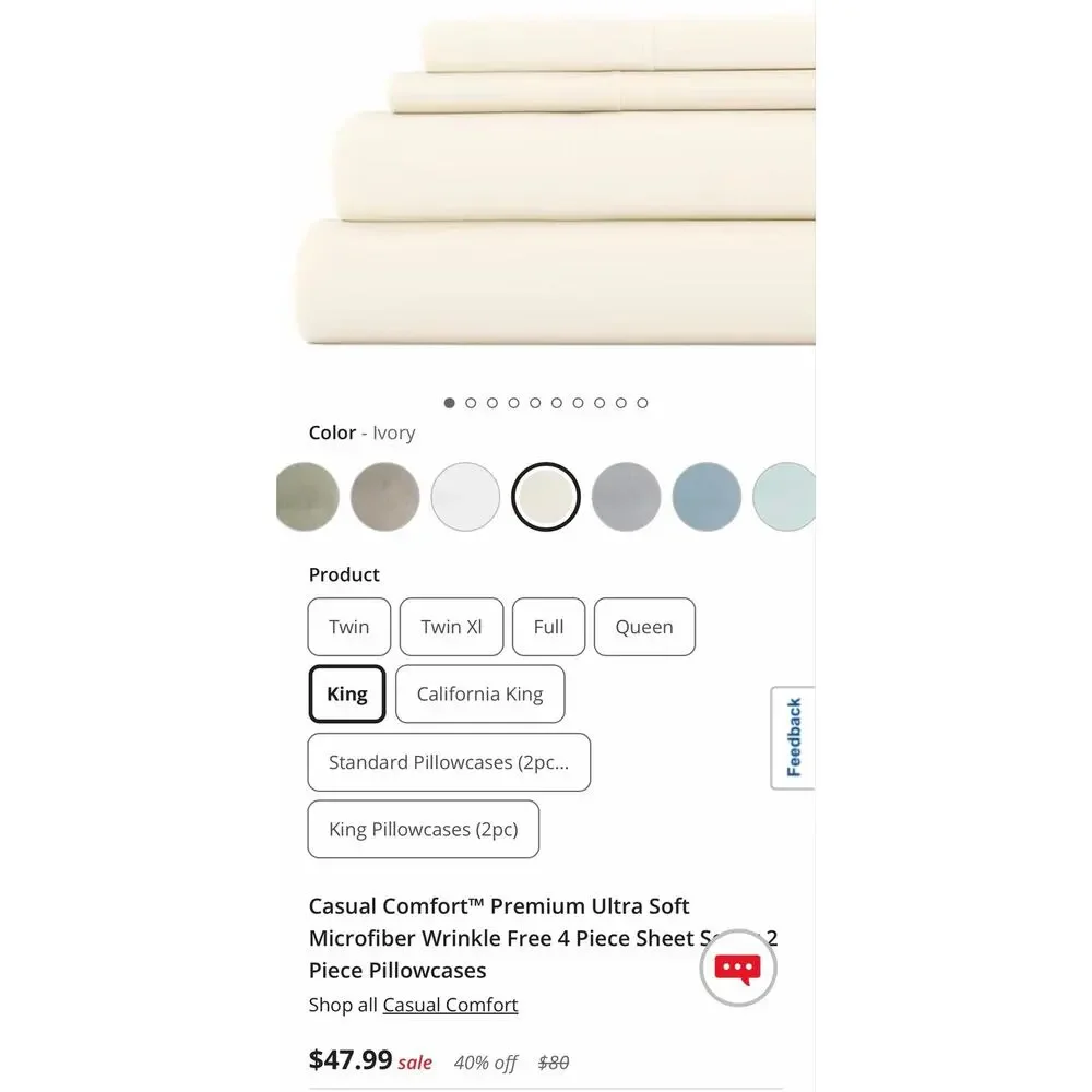 NEW! Casual Comfort iEnjoy KING 4PC Premium Sheet Set Ivory